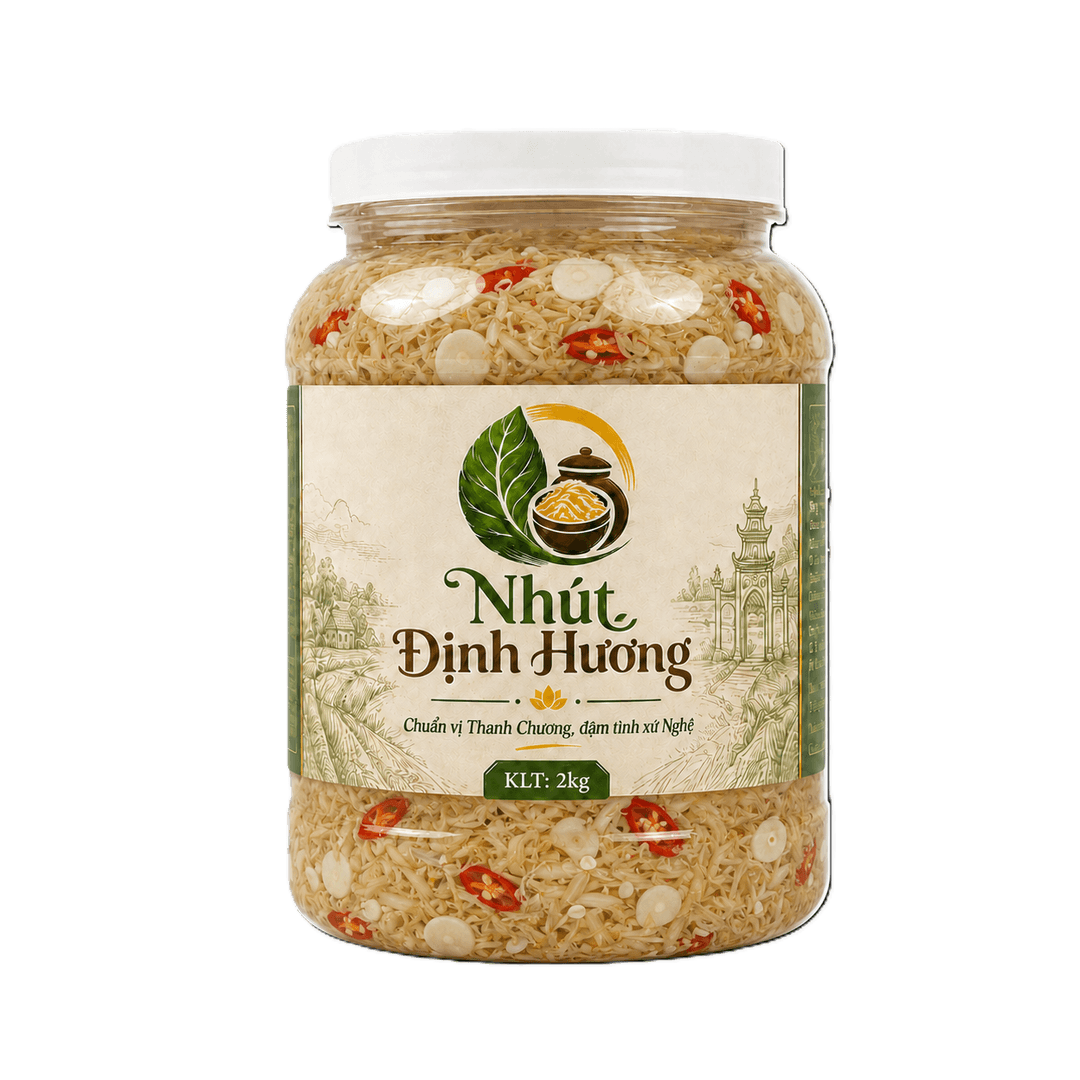 A beautiful jar of traditional Vietnamese Nhut Thanh Chuong placed on a rustic wooden table.